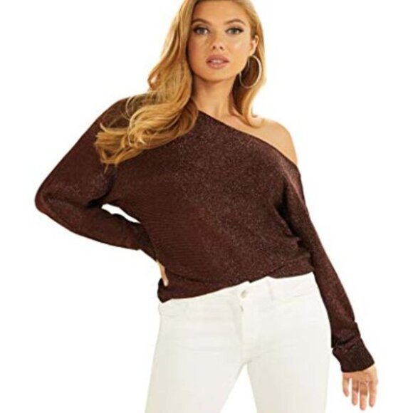 Small GUESS Long Sleeve Catrina Off The Shoulder Lurex Cord Sweater - Picture 1 of 9